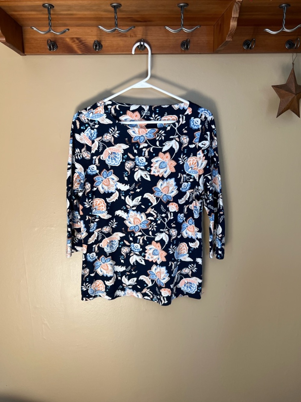 croft & barrow Navy Floral Long Sleeve boat neck top